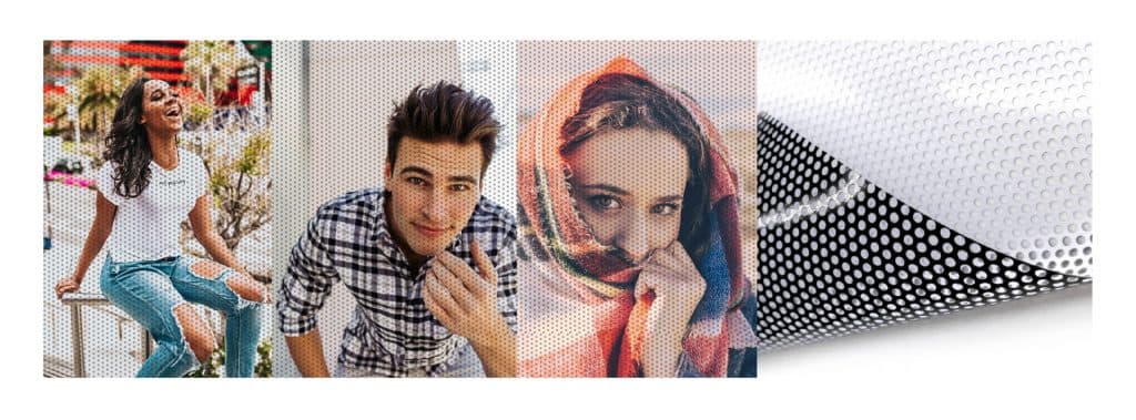Contravision window film: printed faces on a perforated vinyl sheet