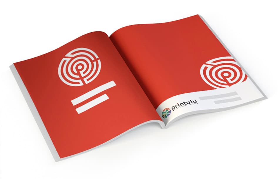 Open red brochure with large Printulu logo graphics