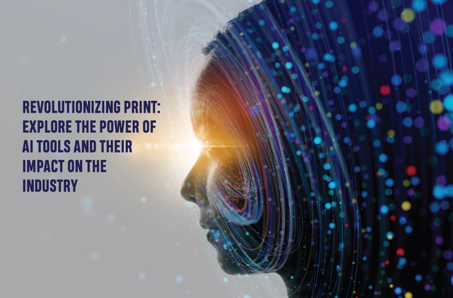 AI-generated face made of light, with the title on AI tools for print