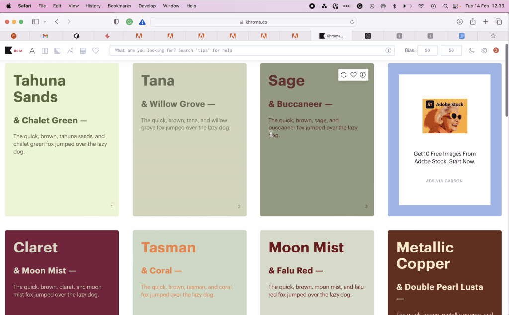 Colour palette tool showing named colour pairs such as Tahuna Sands
