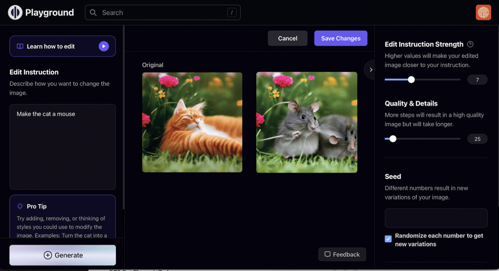 Playground AI editor changing a photo of a cat with a text instruction