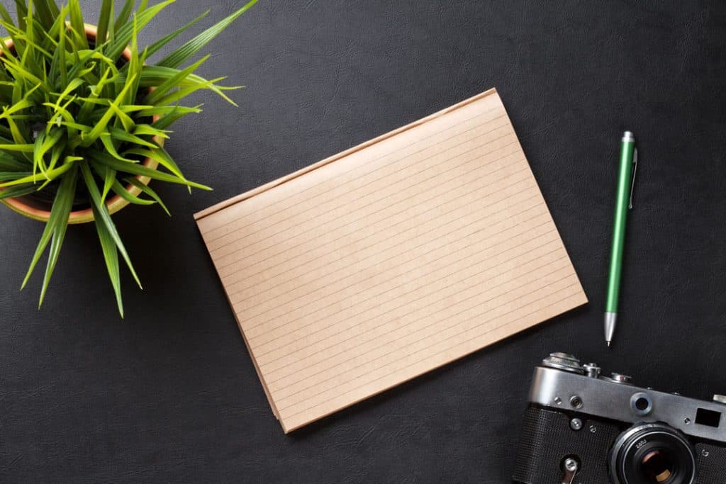 Lined notepad on a desk next to a pen, camera and plant