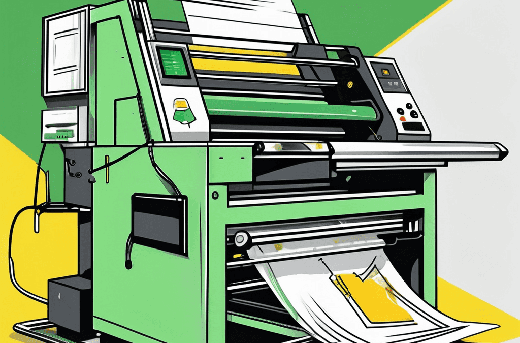 A professional printing machine with flyers coming out