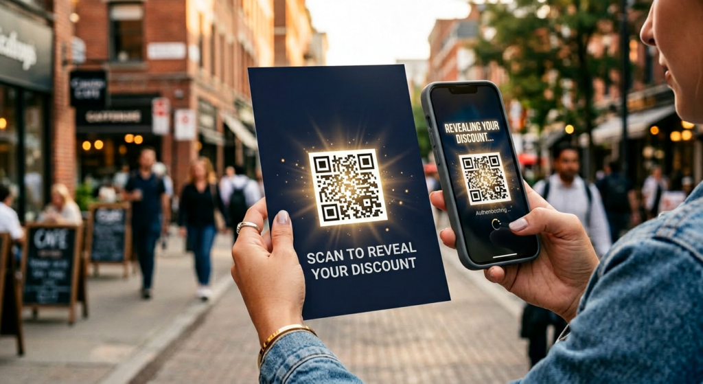 Firefly_Gemini Flash_A close-up shot of a bold, modern printed flyer held in a person's hand against a sof 138104